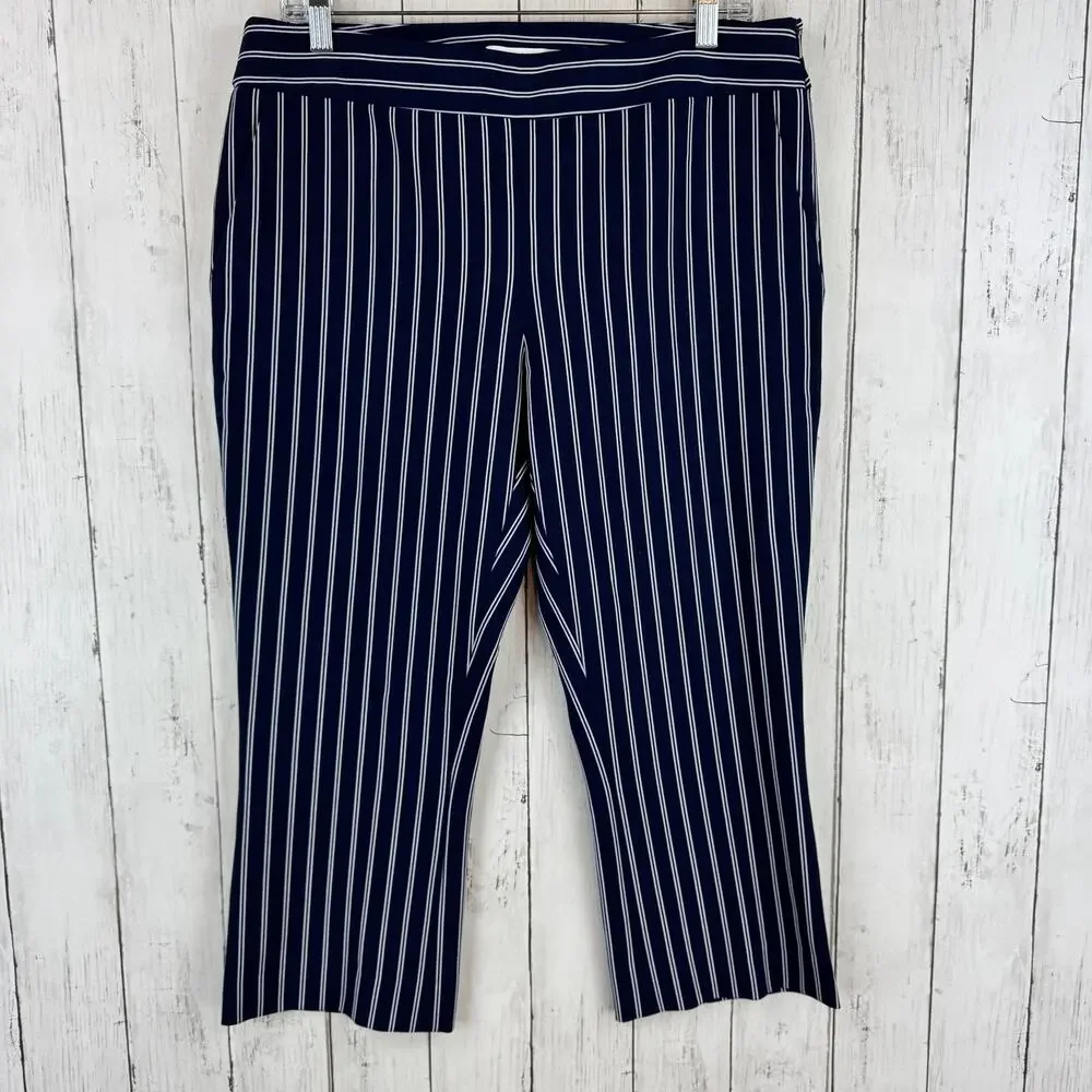 Hugo Boss Navy White Striped Tebella Cropped Bootcut Dress Pant Side Zip Size 8